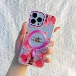 Chrome Button Transparent Slim Flower Design Magsafe Magnetic Clear Armor Cover Case for Apple iPhone 14 Plus [6.7] (Hot Pink)