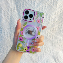 Chrome Button Transparent Slim Flower Design Magsafe Magnetic Clear Armor Cover Case for Apple iPhone 14 [6.1] (Lavender)