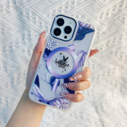 Chrome Button Transparent Slim Flower Design Magsafe Magnetic Clear Armor Cover Case for Apple iPhone 14 Plus [6.7] (Dark Purple)