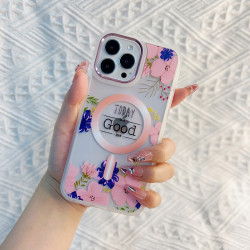 Chrome Button Transparent Slim Flower Design Magsafe Magnetic Clear Armor Cover Case for Apple iPhone 14 Plus [6.7] (Rose Gold)