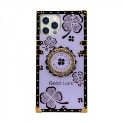 Lucky Clover Heavy Duty Diamond Ring Stand Grip Hybrid Case Cover for Apple iPhone 14 Pro Max [6.7] (Purple)