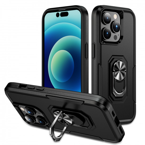 Heavy Duty Strong Armor Ring Stand Grip Hybrid Trailblazer Case Cover for Apple iPhone 14 Pro [6.1] (Black)