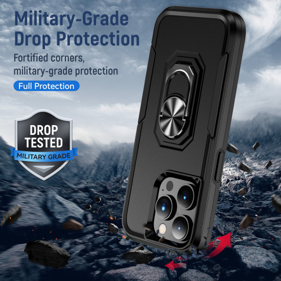 Heavy Duty Strong Armor Ring Stand Grip Hybrid Trailblazer Case Cover for Apple iPhone 14 Pro Max [6.7] (Black)