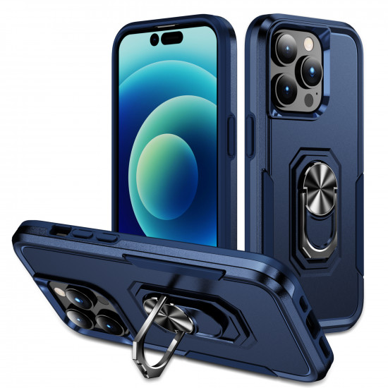 Heavy Duty Strong Armor Ring Stand Grip Hybrid Trailblazer Case Cover for Apple iPhone 14 Pro [6.1] (Navy Blue)