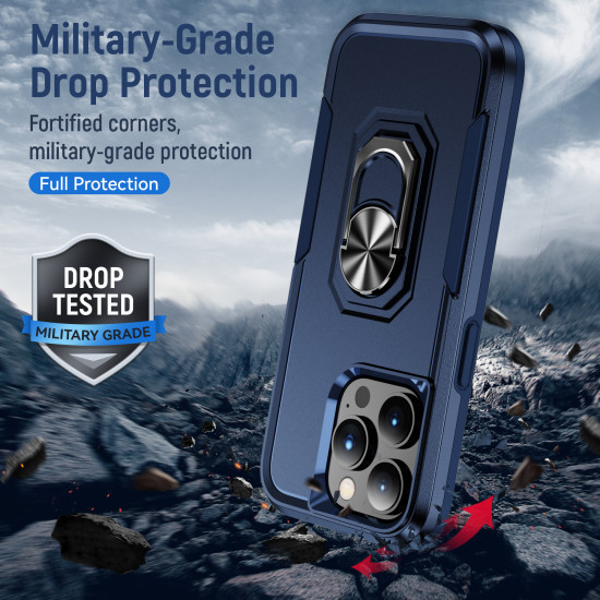 Heavy Duty Strong Armor Ring Stand Grip Hybrid Trailblazer Case Cover for Apple iPhone 14 Pro Max [6.7] (Navy Blue)