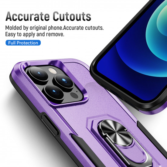 Heavy Duty Strong Armor Ring Stand Grip Hybrid Trailblazer Case Cover for Apple iPhone 14 Pro Max [6.7] (Purple)