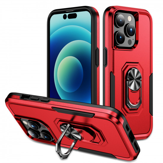 Heavy Duty Strong Armor Ring Stand Grip Hybrid Trailblazer Case Cover for Apple iPhone 14 Pro [6.1] (Red)