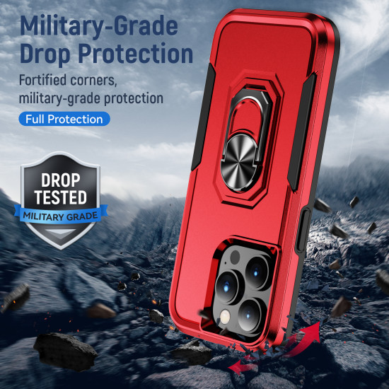 Heavy Duty Strong Armor Ring Stand Grip Hybrid Trailblazer Case Cover for Apple iPhone 14 Pro [6.1] (Red)