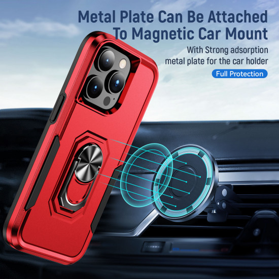 Heavy Duty Strong Armor Ring Stand Grip Hybrid Trailblazer Case Cover for Apple iPhone 14 Pro Max [6.7] (Red)