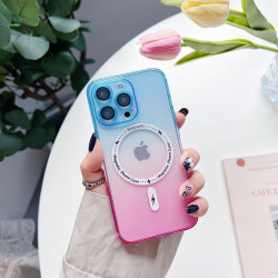 Transparent Slim Rainbow Gradient Magnetic Magsafe Circle TPU Cover Case With Camera Lens Cover for Apple iPhone 14 Plus [6.7] (Blue/Pink)