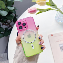 Transparent Slim Rainbow Gradient Magnetic Magsafe Circle TPU Cover Case With Camera Lens Cover for Apple iPhone 14 Pro Max [6.7] (Pink/Green)