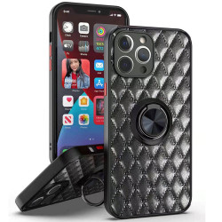 Slim Quilted PU Leather Luxury Shockproof 360 Ring Stand Protective Cover Phone Case for Apple iPhone 13 Pro Max (Black)