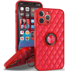 Slim Quilted PU Leather Luxury Shockproof 360 Ring Stand Protective Cover Phone Case for Apple iPhone 13 Pro (Red)