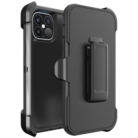 Premium Armor Heavy Duty Dual-Layer Case with Clip for iPhone 13 (6.1) -(Black-Black)