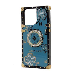 Shockproof Heavy Duty Floral Clover Diamond Ring Stand Grip Hybrid Case for Apple iPhone 13 Pro: Anti-Scratch, Dustproof, Accessible Controls (Sapphire)