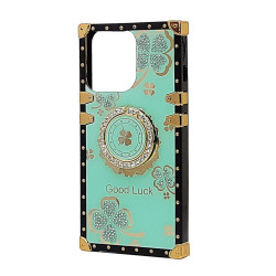 Heavy Duty Floral Clover Diamond Ring Stand Grip Hybrid Shockproof Anti-Scratch Case for Apple iPhone 13 [6.1] - (Turquoise)