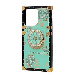 Shockproof Heavy Duty Floral Clover Diamond Ring Stand Grip Hybrid Case for Apple iPhone 13 Pro: Anti-Scratch, Dustproof, Accessible Controls (Turquoise)