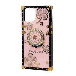 Shockproof Heavy Duty Floral Clover Diamond Ring Stand Grip Hybrid Case for Apple iPhone 13 Pro: Anti-Scratch, Dustproof, Accessible Controls (HotPink)
