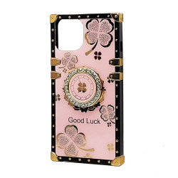 Heavy Duty Floral Clover Diamond Ring Stand Grip Hybrid Shockproof Anti-Scratch Case for Apple iPhone 13 [6.1] - (Hot Pink)