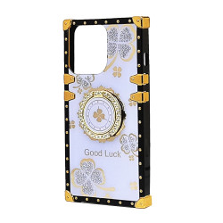 Shockproof Heavy Duty Floral Clover Diamond Ring Stand Grip Hybrid Case for Apple iPhone 13 Pro: Anti-Scratch, Dustproof, Accessible Controls (Purple)
