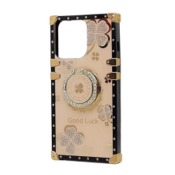 Heavy Duty Floral Clover Diamond Ring Stand Grip Hybrid Shockproof Anti-Scratch Case for Apple iPhone 13 [6.1] - (Rose Gold)