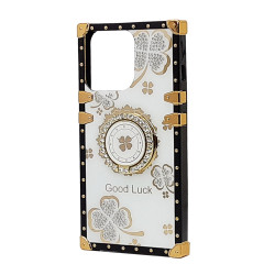 Heavy Duty Floral Clover Diamond Ring Stand Grip Hybrid Shockproof Anti-Scratch Case for Apple iPhone 13 [6.1] - (White)