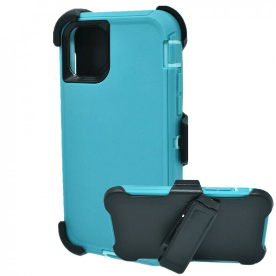 Premium Armor Heavy Duty Dual-Layer Case with Clip for iPhone 13 (6.1) -(Aqua Blue)