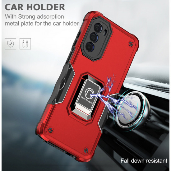 Heavy Duty Strong Shockproof Magnetic Plate Ring Stand Hybrid Grip Case Cover for Motorola Edge Plus 2022 (Red)