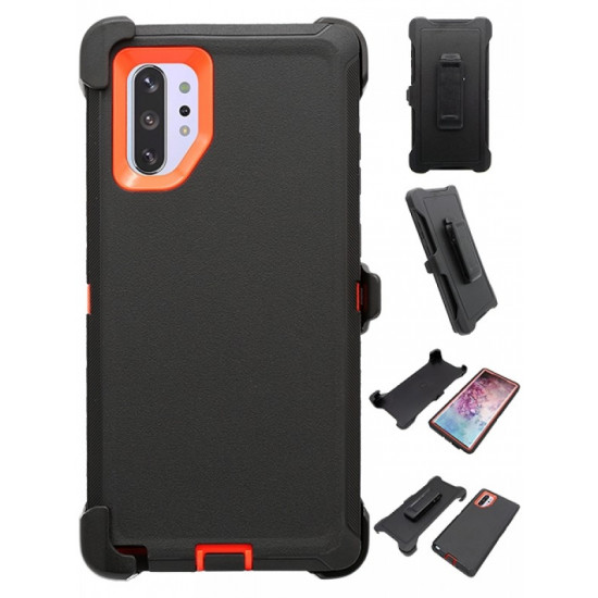 Premium Armor Heavy Duty Case with Clip for Galaxy Note 10+ (Plus) (Black Orange)