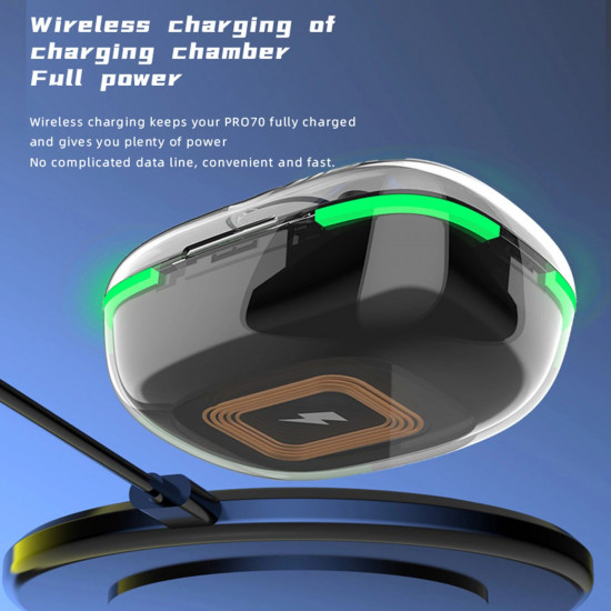 WirelessPro70 TWS Bluetooth Earbuds with High-Quality Sound, Hands-Free Calling, Battery Display & Wireless Charging for All Bluetooth Devices (Black)