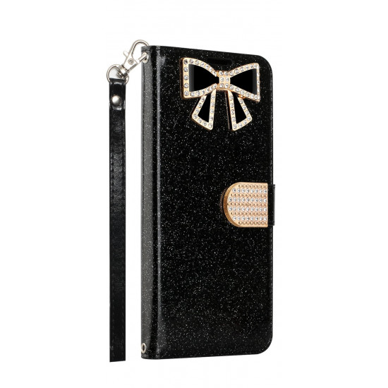 Ribbon Bow Crystal Diamond Wallet Case for Samsung Galaxy Note 10 (Black)