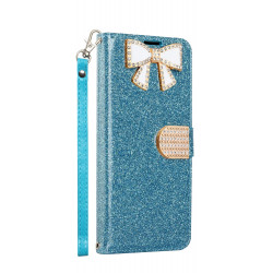 Ribbon Bow Crystal Diamond Wallet Case for Samsung Galaxy Note 9 (Light Blue)