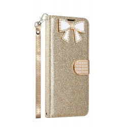 Ribbon Bow Crystal Diamond Wallet Case for Samsung Galaxy Note 9 (Gold)