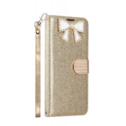 Ribbon Bow Crystal Diamond Wallet Case for Samsung Galaxy Note 10 (Gold)