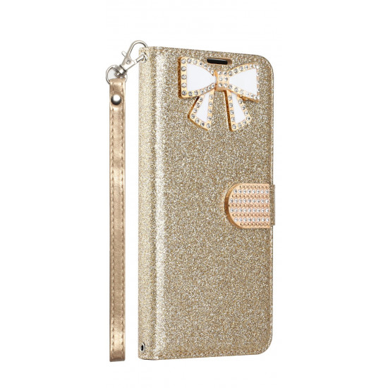 Ribbon Bow Crystal Diamond Wallet Case for Samsung Galaxy Note 10 (Gold)