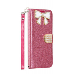 Ribbon Bow Crystal Diamond Wallet Case for Samsung Galaxy Note 10 (Hot Pink)