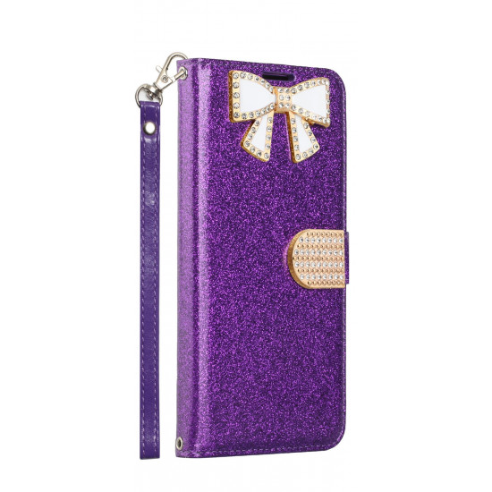 Ribbon Bow Crystal Diamond Wallet Case for Samsung Galaxy Note 10 (Purple)