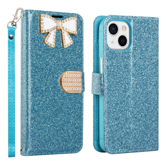 Ribbon Bow Crystal Diamond Flip Book Wallet Case for Apple iPhone 13 [6.1] (Light Blue)