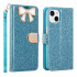 Ribbon Bow Crystal Diamond Flip Book Wallet Case for Apple iPhone 13 [6.1] (Light Blue)