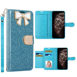 Ribbon Bow Crystal Diamond Flip Book Wallet Case for Apple iPhone 13 Pro Max [6.7] (Light Blue)