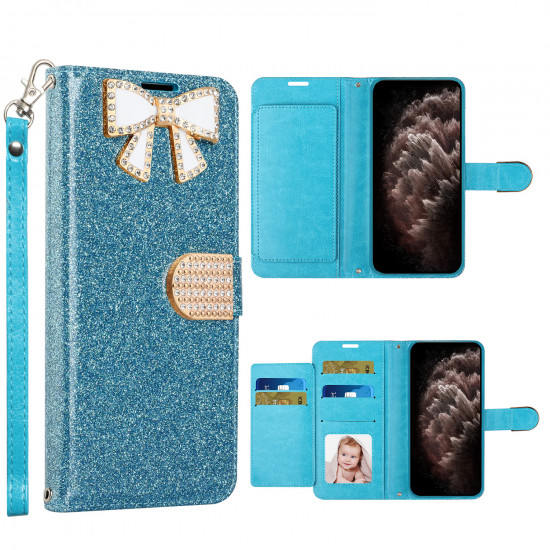 Ribbon Bow Crystal Diamond Flip Book Wallet Case for Apple iPhone 13 [6.1] (Light Blue)
