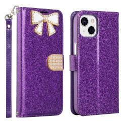 Ribbon Bow Crystal Diamond Flip Book Wallet Case for Apple iPhone 13 [6.1] (Purple)