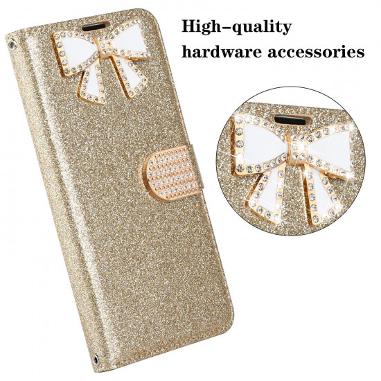 Ribbon Bow Crystal Diamond Flip Book Wallet Case for Apple iPhone 13 Pro Max [6.7] (Light Blue)